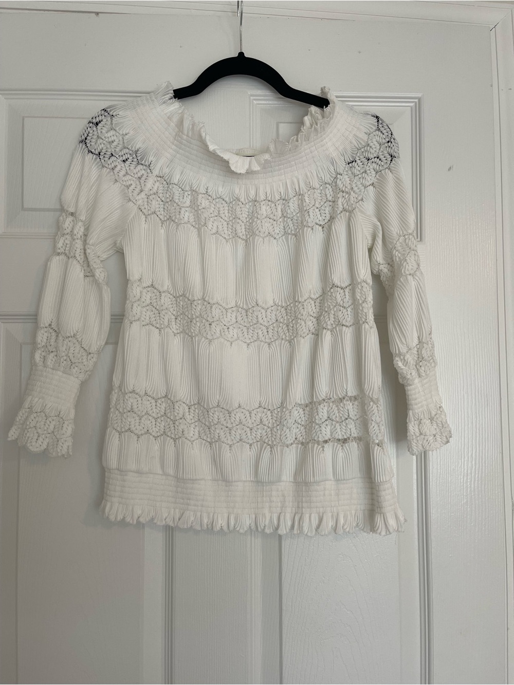 Deletta White Smocked Lace Peasant Blouse